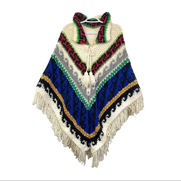 Vintage Sweaters - Vintage 70s Knit Poncho Multicoloured Tassels Collared Asymmetrical 0S